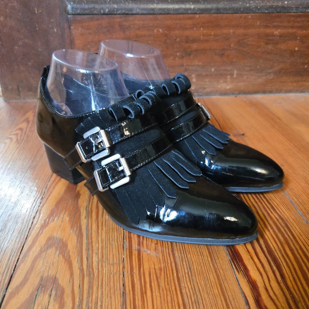 VTG Shellys London Loafers Black Womens 7.5 Kiltie Double Buckle Fringe Goth USA